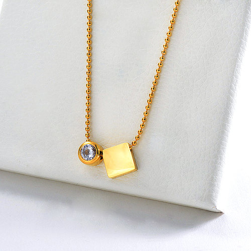 Trendy Gold Plating Square Charm With Zircon Ball Chains Necklace For Women