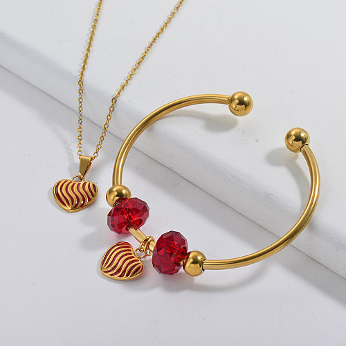 Stainless Steel Famous Brand  Gold Plated Heart Charm Neckalce Bangle Jewelry Set