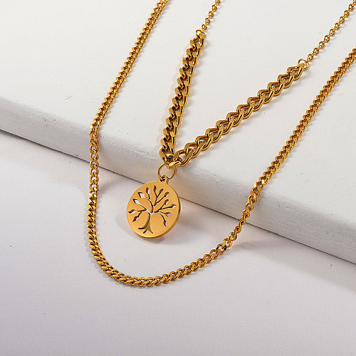 Gold Tree Of Life Pendant Layer Curb Link Chain Necklace