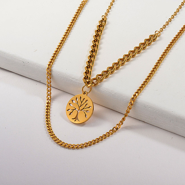 Gold Tree Of Life Pendant Layer Curb Link Chain Necklace