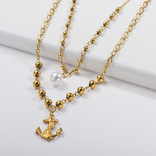 Fashion Gold Anchor Pendant Beaded Mixed Link Chain Necklace