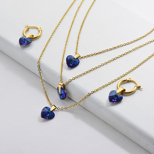 Wholesale Stainless Steel Gold Zircon Heart Bridal Necklace Earrings Set