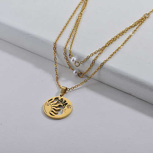 Elegant Gold Round Pendant With Sun Moon Pattern Layered Necklace