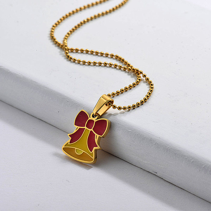 Yellow And Red Enamel Christmas Bell Pendant Necklace For Gift - Jewenoir