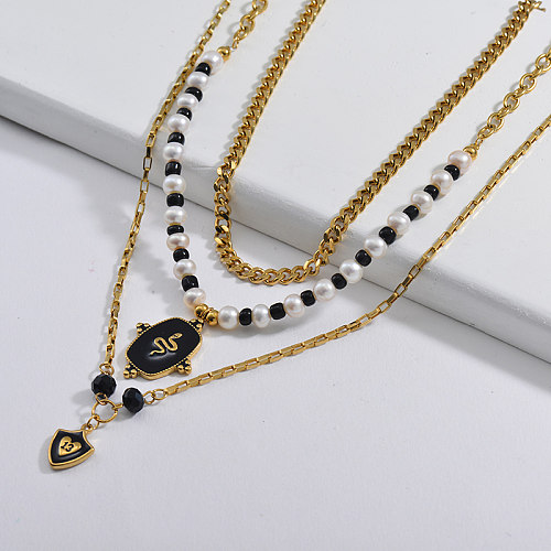 13 ans cadeau pendentif rond serpent noir perle et collier de couche de chaîne à maillons perlés