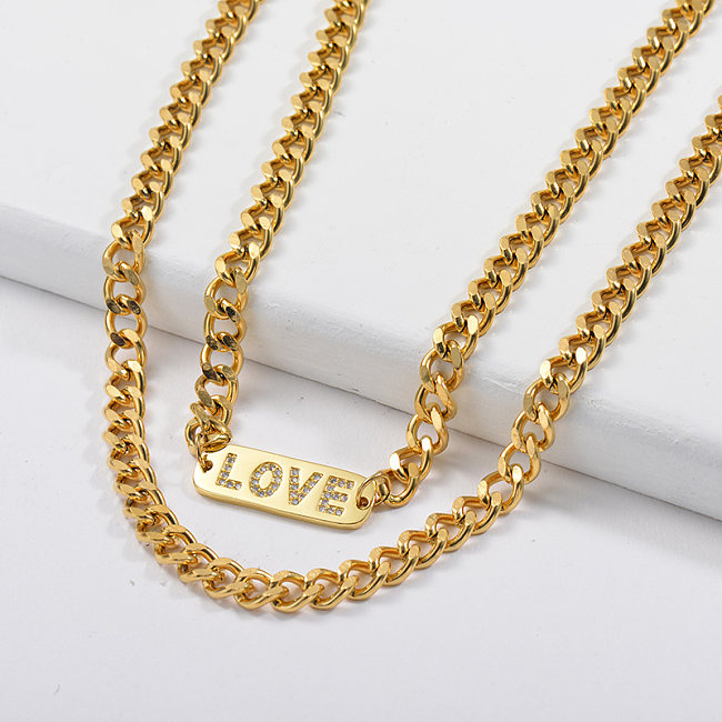 Gold Copper Love Bar Charm Layer Curb Link Chain Necklace