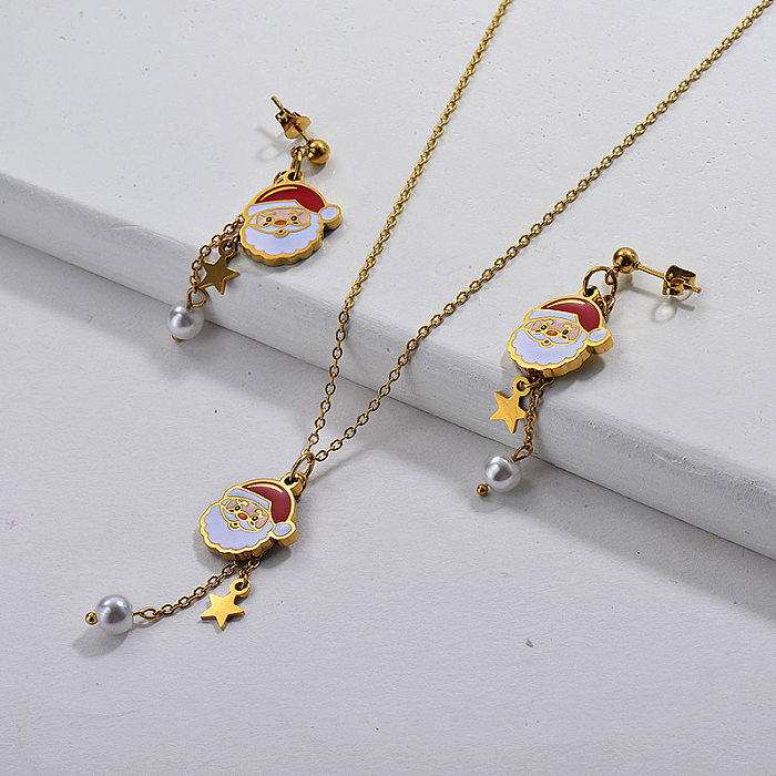 Stainless Steel Gold Plated Santa Claus Necklace Eaarings Set