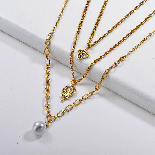 Dije de piruleta pequeño de oro de 14 quilates con collar de cadena de eslabones multicapa de perlas