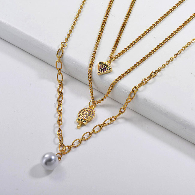 14K Gold Small Lollipop Charm With Pearl Multilayer Link Chain Necklace