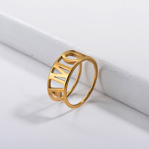 Anéis de noivado com letras iniciais simples de ouro em aço inoxidável