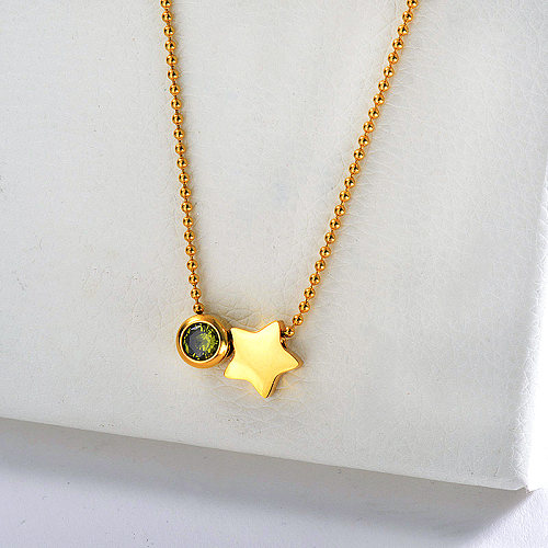Fashion Gold Star Charm With Green Zirconia Necklace For Women