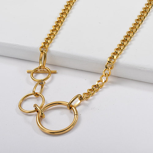 Three Pieces Circle Pendant OT Clasp Curb Link Chain Necklace