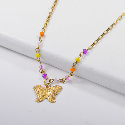 Gold Butterfly Charm With Colorful Beaded Chain Mixed Chain Link Necklace