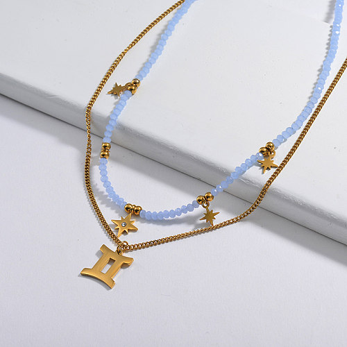 Fashion Gold Gemini Constellation Pendant With Star Blue Beaded Chain Layer Necklace