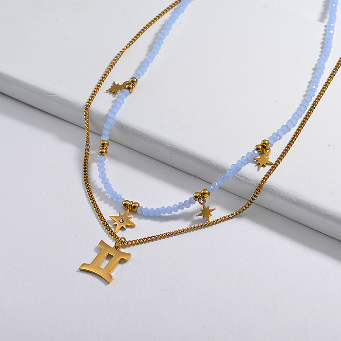 Fashion Gold Gemini Constellation Pendant With Star Blue Beaded Chain Layer Necklace