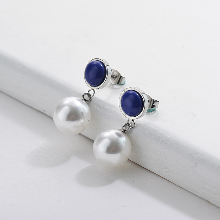 Pendientes de perlas de acero inoxidable con gema azul estilo francés