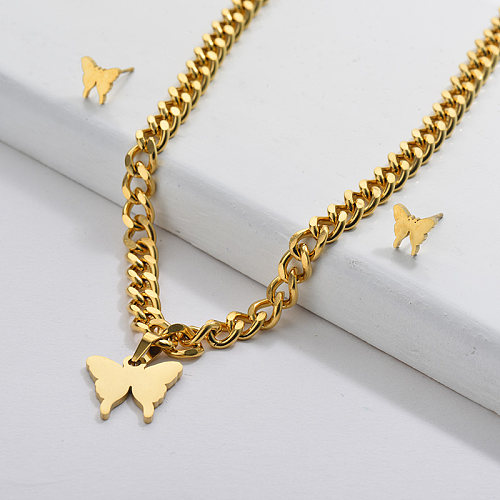 Großhandel Edelstahl Gold Schmetterling Halskette Ohrringe Set