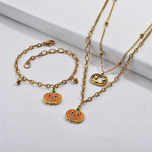 Wholesale Fashion Gold Plated Chain Christmas Pumpkin Necklace Bracelet Set