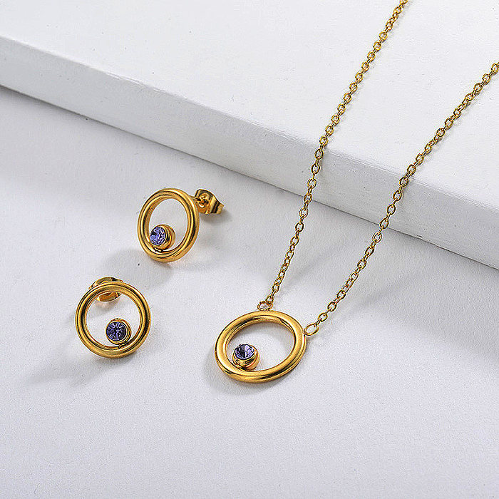 Stainless Steel Gold Plated Purple Zircon Crystal Ring Necklace Earring Set