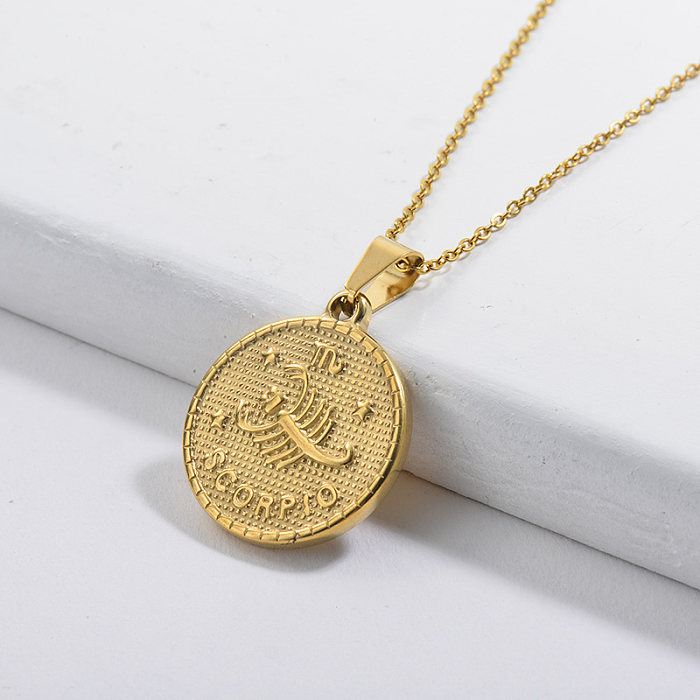 Collar del zodiaco del colgante de la etiqueta redonda de la suerte de la constelación del escorpio del oro barato