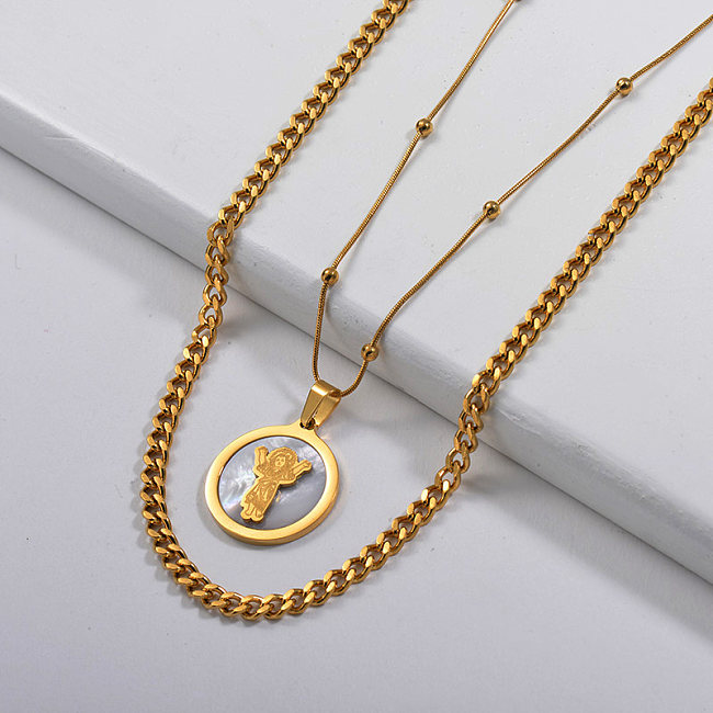 Gold Round Religious Pendant Curb Link Chain Layer Necklace