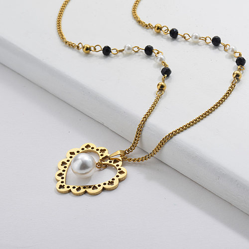 Fashion Lace Heart Pendant With Pearl Beaded Mixed Link Chain Necklace
