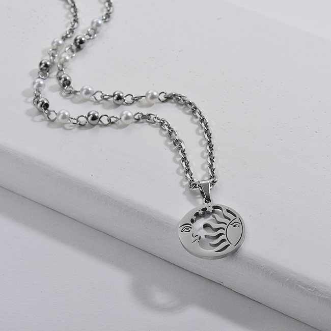 Siver Sun With Moon Round Pendant With Pearl Beaded Mixed Link Chain Necklace