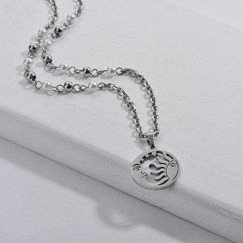 Siver Sun With Moon Round Pendant With Pearl Beaded Mixed Link Chain Necklace