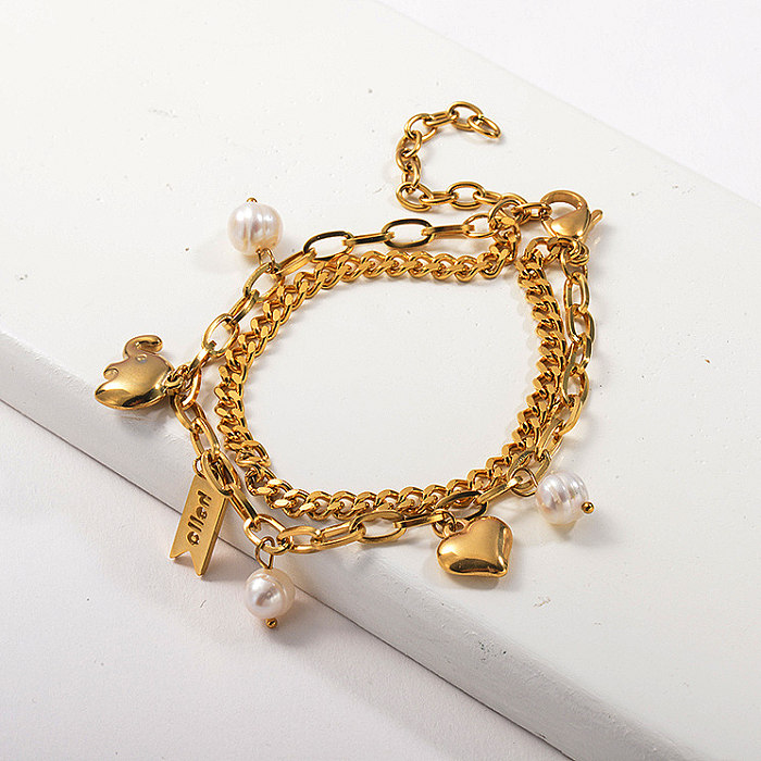 Cuban Link Chain&Rectangle Shape Link Chain Genuine Pearl Charm Bracelet Gold Plated Bracelet
