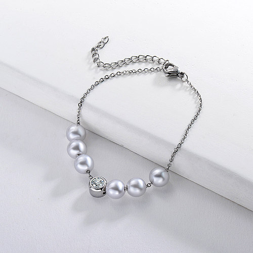 Bracelet de perles en acier inoxydable avec pendentif en zircon blanc