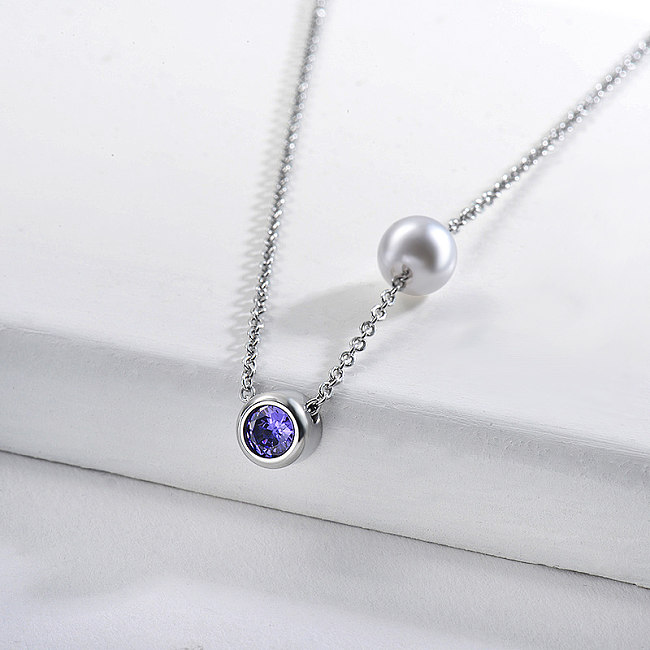 Perle de luxe avec breloque zircon violet collier femme en acier inoxydable argenté