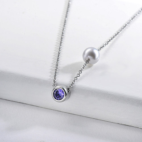 Luxus Perle mit lila Zirkon Charm Silber Edelstahl Frauen Halskette