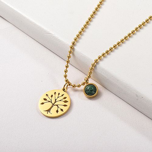 Gold Plated Tree Of Life With Malachite Natural Stone Charm Beaded Chain Necklace