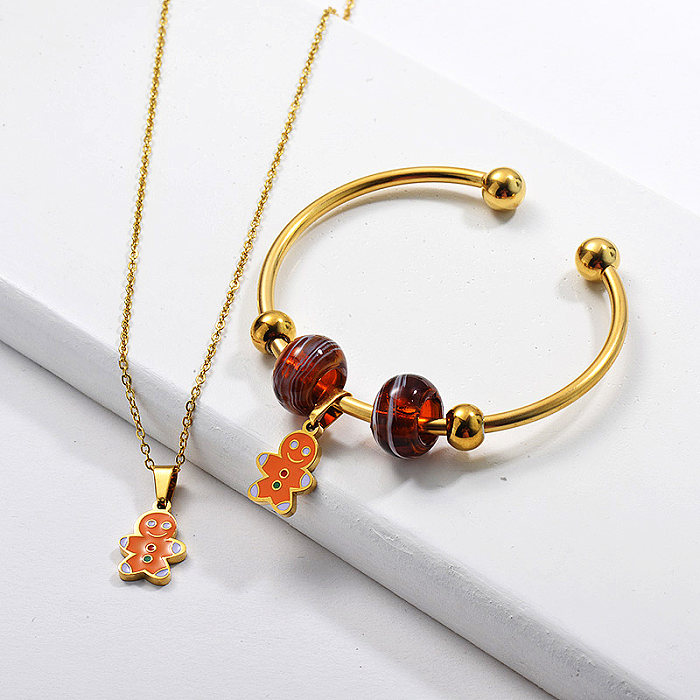 Stainless Steel Gold Plated Christmas Necklace Bangle Jewelry Set