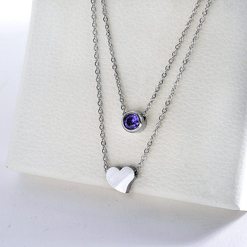 Trendy Silver Stainless Steel Heart Pendant With Purple Zircon Charm Necklace For Women