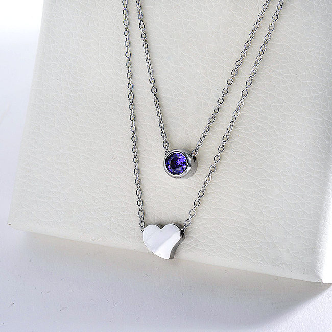 Pendentif coeur en acier inoxydable argenté à la mode avec collier à breloques zircon violet pour femmes