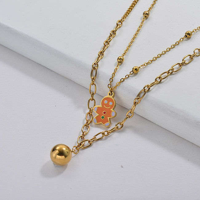 Gold Plating Enamel Gingerbread Man Double Chain Necklace For Christmas