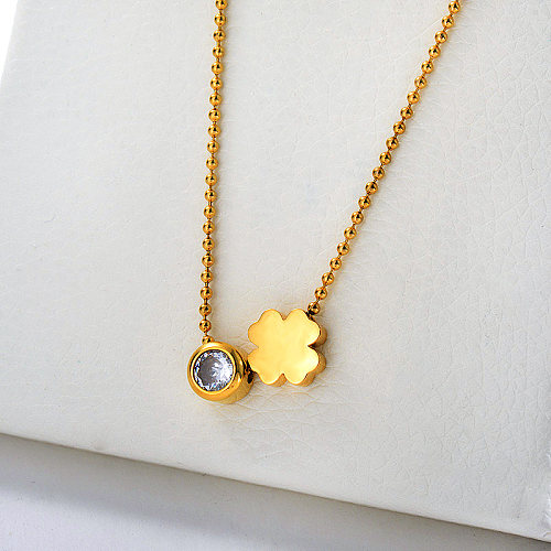 Trendy Gold Stainless Steel Clover With Zircon Charm Balls Chain Necklace For Women
