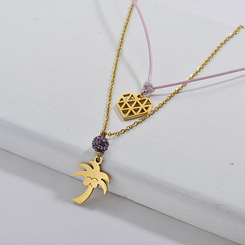 Gold Coconut Tree With Hollow Heart Pendant Pink Rope Layered Necklace