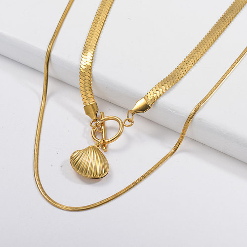 Gold Metal Shell Double Snake Link Chain Layered Necklace