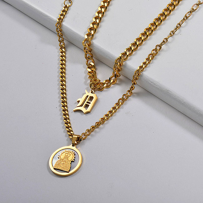 Customize Gold Round Tag With Letter Pendant Curb Link Chain Necklace