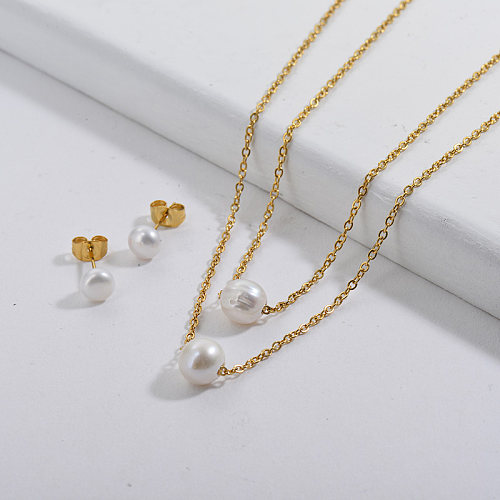 Stainless Steel Gold Pearl Necklace and Earrings Women Jewelry Set