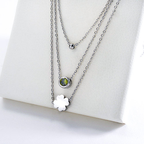 Silver Stainless Steel Green Zircon Clover Charm Necklace For Women
