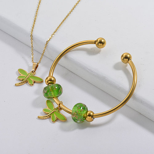 Stainless Steel Famous Brand Gold Plated Dragonfly Charm Neckalce Bangle Jewelry Set