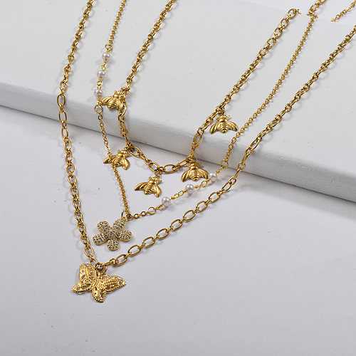 Gold Butterfly Bee Charm With Pearl Link Chain Layered Necklace