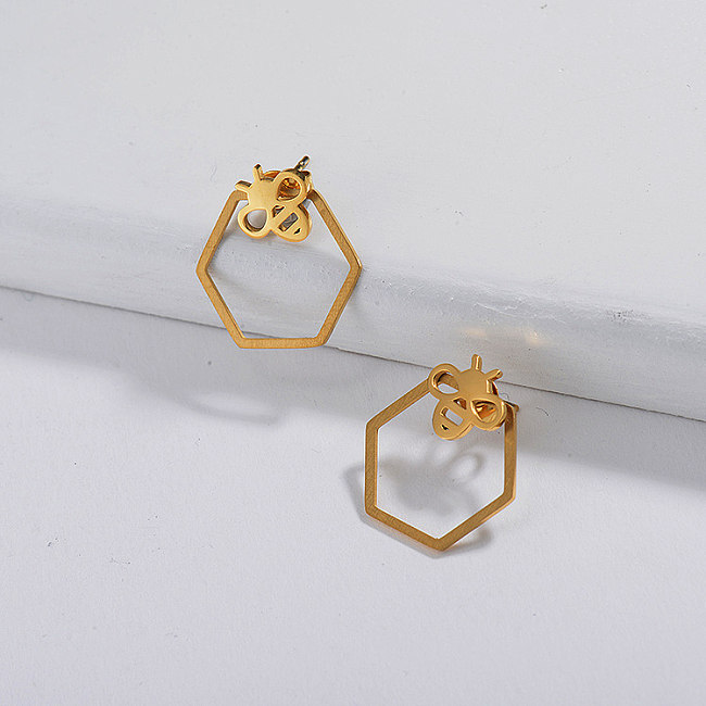 Brincos de argola de aço inoxidável com joias folheadas a ouro e estilo bonito de abelha