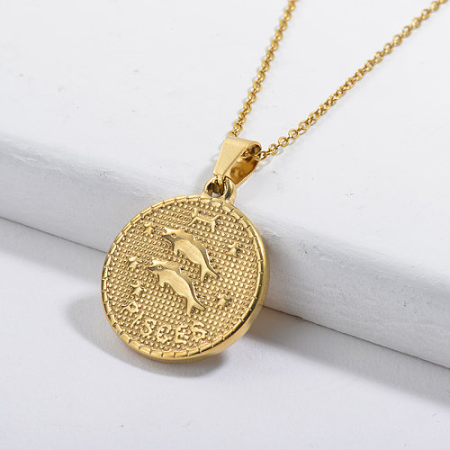 Customize Gold Constellation Pisces Lucky Round Tag Pendant Zodiac Necklace