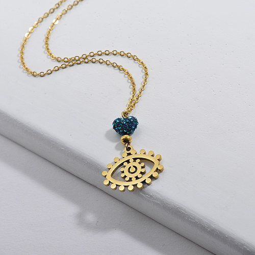 Stainless Steel Gold Evil Eye Round Pendant Necklace With Blue Crystal For Women