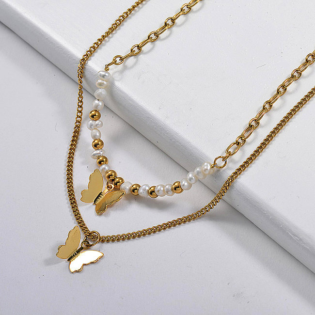 Mode Schmetterling Tier Charme Süßwasser Perle Perlen geschichtete Kette Halskette