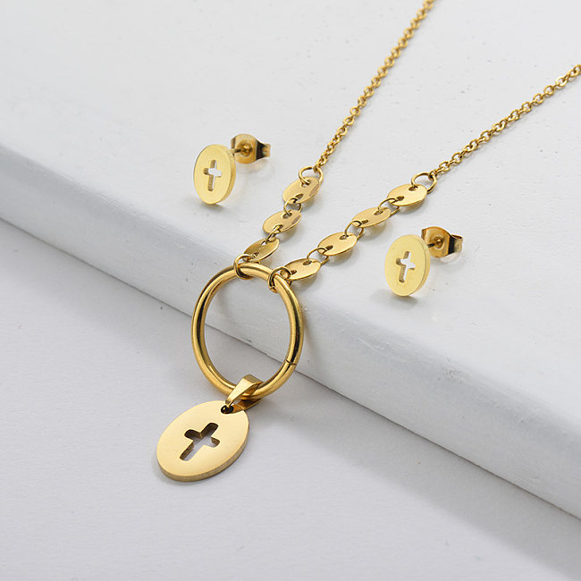Wholesale Stainless Steel Gold Plated Cross Wedding Jewelry Set